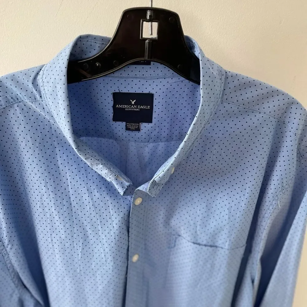 American Eagle Sz XXL Dress shirt Blue polkadot long sleeve button down collar - Picture 3 of 6
